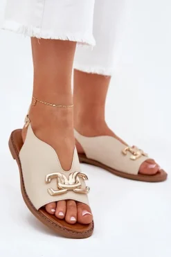 Sandały Damskie Na Płaskim Obcasie Ze Złotą Ozdobą Beżowe Amelira