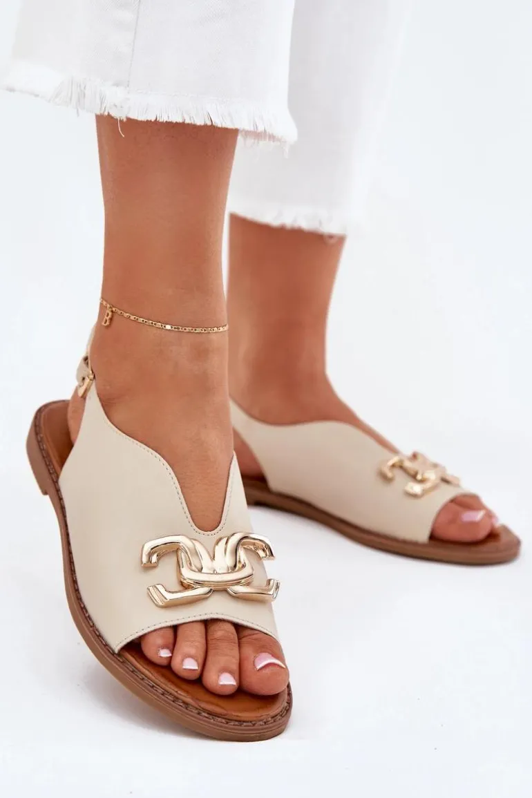 Sandały Damskie Na Płaskim Obcasie Ze Złotą Ozdobą Beżowe Amelira