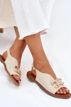 Sandały Damskie Na Płaskim Obcasie Ze Złotą Ozdobą Beżowe Amelira
