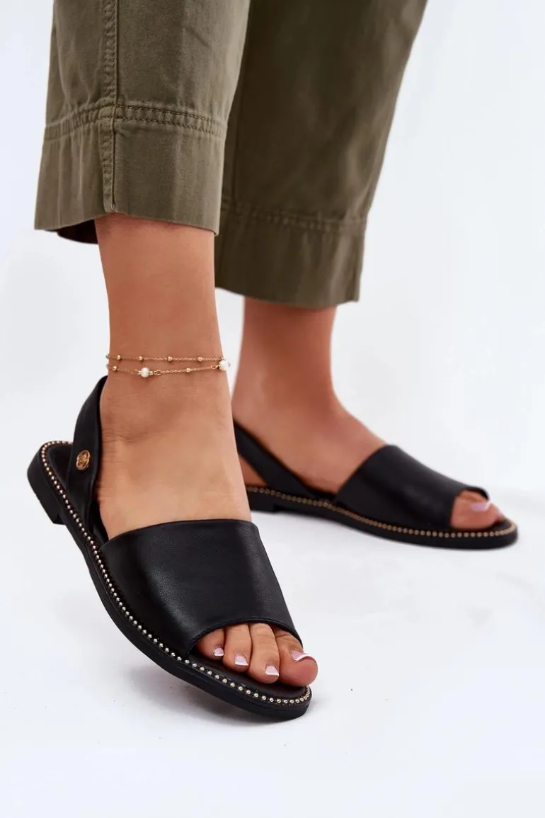 Sandały Damskie Na Płaskim Obcasie Eko Skórzane Czarne Dereka