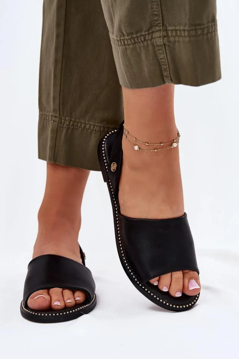 Sandały Damskie Na Płaskim Obcasie Eko Skórzane Czarne Dereka