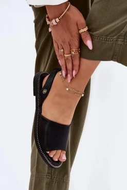 Sandały Damskie Na Płaskim Obcasie Eko Skórzane Czarne Dereka