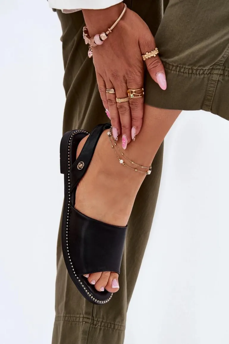 Sandały Damskie Na Płaskim Obcasie Eko Skórzane Czarne Dereka