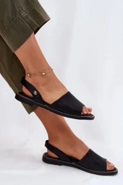 Sandały Damskie Na Płaskim Obcasie Eko Skórzane Czarne Dereka