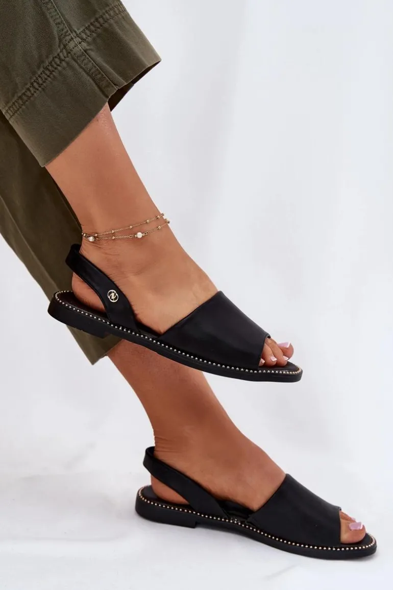 Sandały Damskie Na Płaskim Obcasie Eko Skórzane Czarne Dereka