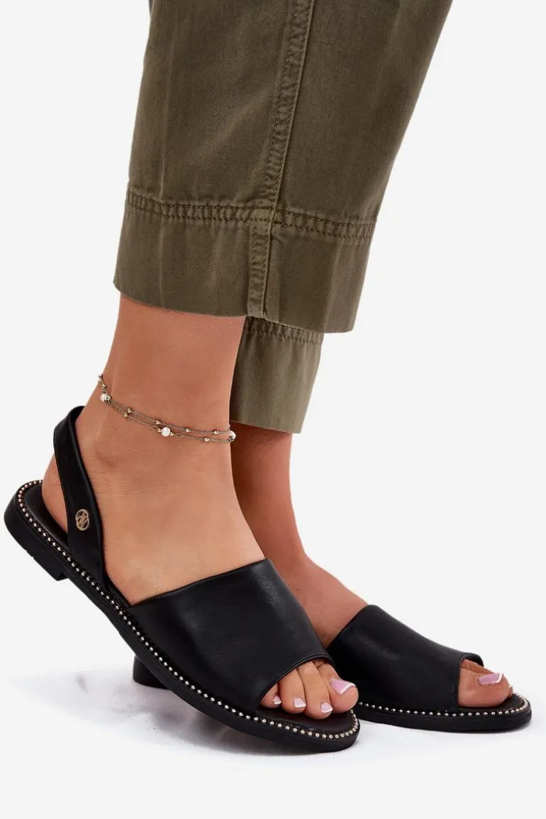 Sandały Damskie Na Płaskim Obcasie Eko Skórzane Czarne Dereka