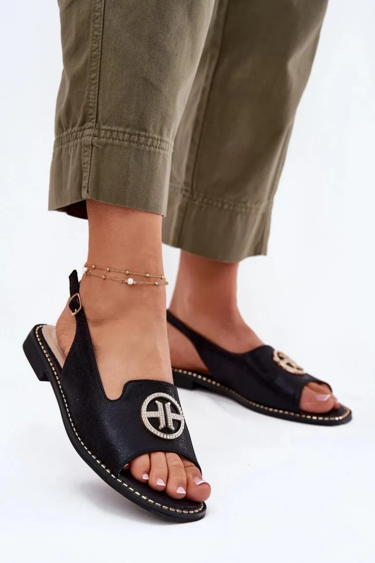 Sandały Damskie Na Płaskim Obcasie Z Ozdobą S.Barski KV51-002 Czarne