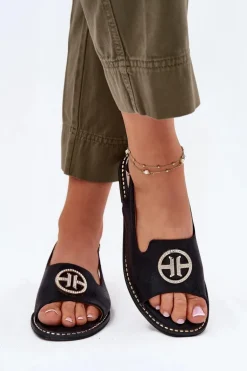 Sandały Damskie Na Płaskim Obcasie Z Ozdobą S.Barski KV51-002 Czarne