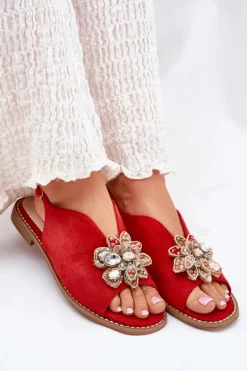 Sandały Damskie Na Płaskim Obcasie Z Ozdobą S.Barski KV27-001 Czerwone