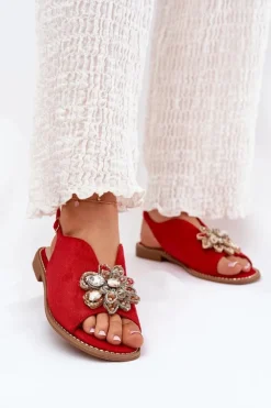 Sandały Damskie Na Płaskim Obcasie Z Ozdobą S.Barski KV27-001 Czerwone