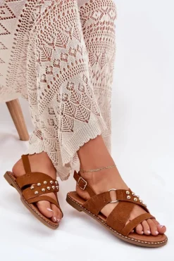 Sandały Damskie Na Płaskim Obcasie Ze Złotymi Ćwiekami Camel Zanira