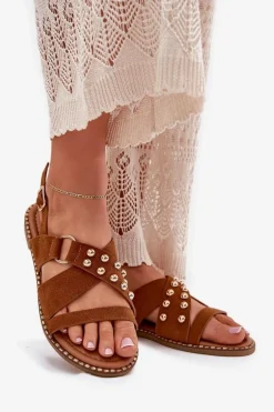 Sandały Damskie Na Płaskim Obcasie Ze Złotymi Ćwiekami Camel Zanira