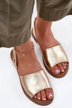 Sandały Damskie Na Płaskim Obcasie Eko Skórzane Złote Dereka