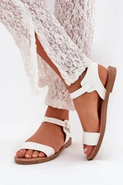 Sandały Damskie Na Płaskim Obcasie Eko Skórzane Białe Kivara