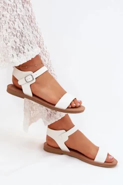 Sandały Damskie Na Płaskim Obcasie Eko Skórzane Białe Kivara