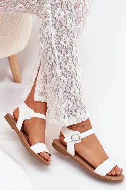Sandały Damskie Na Płaskim Obcasie Eko Skórzane Białe Kivara