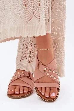 Sandały Damskie Na Płaskim Obcasie Ze Złotymi Ćwiekami Różowe Zanira