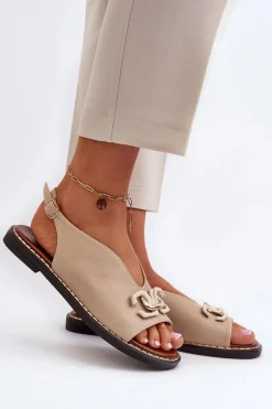 Sandały Damskie Na Płaskim Obcasie Z Ozdobą Beżowe Loraeleh
