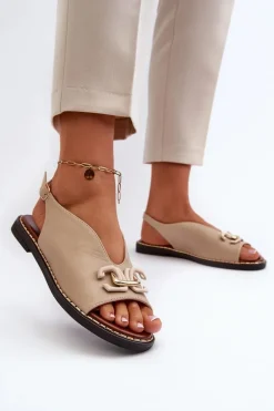Sandały Damskie Na Płaskim Obcasie Z Ozdobą Beżowe Loraeleh