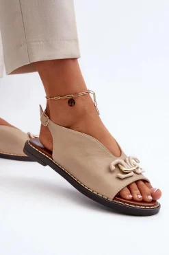 Sandały Damskie Na Płaskim Obcasie Z Ozdobą Beżowe Loraeleh