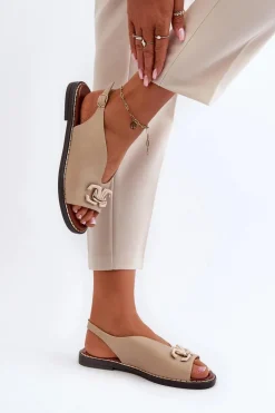 Sandały Damskie Na Płaskim Obcasie Z Ozdobą Beżowe Loraeleh