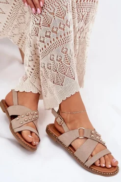 Sandały Damskie Na Płaskim Obcasie Ze Złotymi Ćwiekami Beżowe Zanira