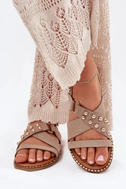 Sandały Damskie Na Płaskim Obcasie Ze Złotymi Ćwiekami Beżowe Zanira