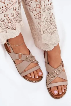 Sandały Damskie Na Płaskim Obcasie Ze Złotymi Ćwiekami Beżowe Zanira