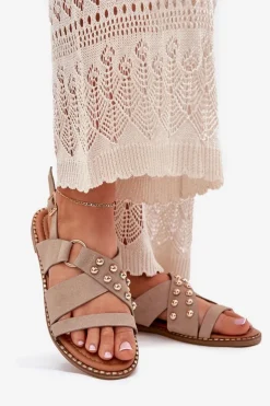 Sandały Damskie Na Płaskim Obcasie Ze Złotymi Ćwiekami Beżowe Zanira