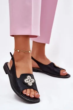 Sandały Damskie Na Płaskim Obcasie Z Ozdobnym Detalem S.Barski KV51-080 Czarne