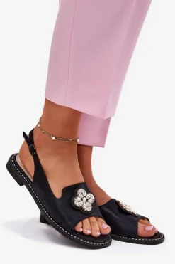 Sandały Damskie Na Płaskim Obcasie Z Ozdobnym Detalem S.Barski KV51-080 Czarne