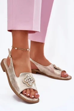 Sandały Damskie Na Płaskim Obcasie Z Ozdobnym Detalem S.Barski KV51-080 Złote