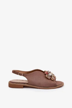 Sandały Damskie Na Płaskim Obcasie Z Ozdobą S.Barski KV27-001 Ciemnobeżowe