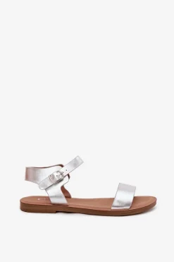 Sandały Damskie Na Płaskim Obcasie Eko Skórzane Srebrne Kivara