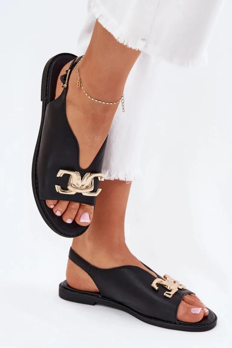 Sandały Damskie Na Płaskim Obcasie Ze Złotą Ozdobą Czarne Amelira