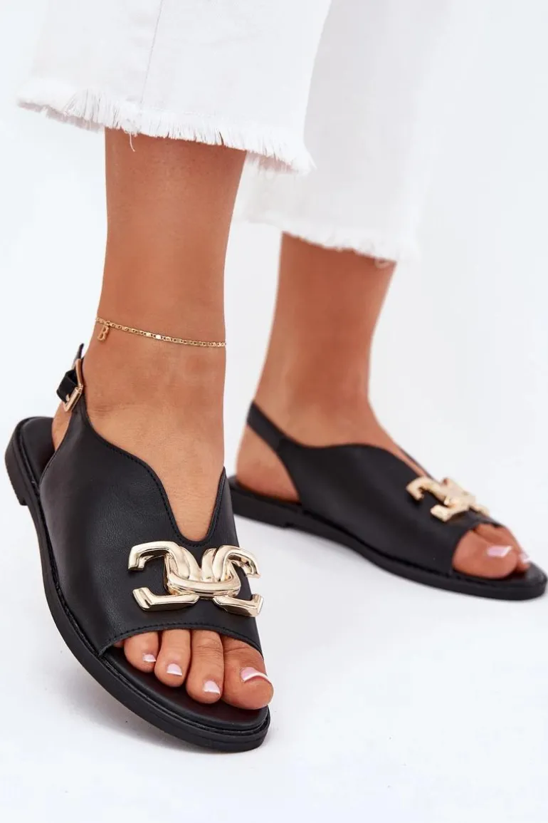 Sandały Damskie Na Płaskim Obcasie Ze Złotą Ozdobą Czarne Amelira