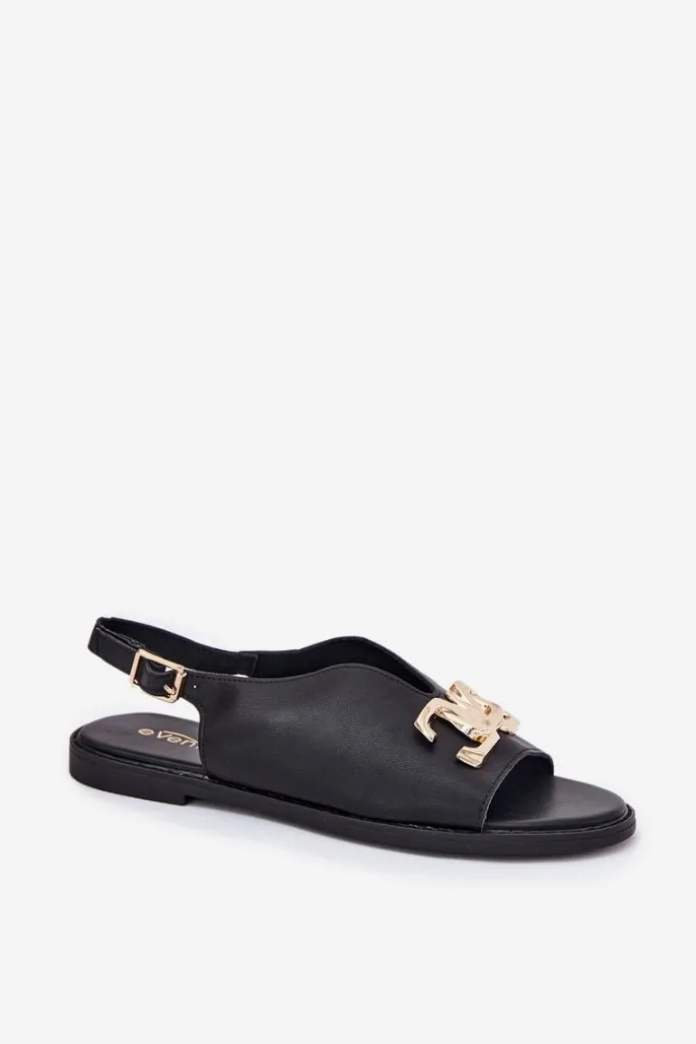 Sandały Damskie Na Płaskim Obcasie Ze Złotą Ozdobą Czarne Amelira