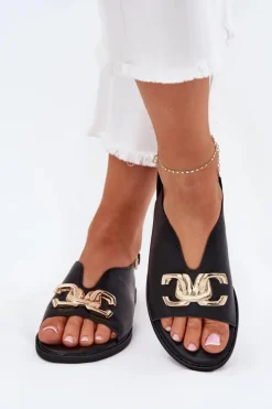 Sandały Damskie Na Płaskim Obcasie Ze Złotą Ozdobą Czarne Amelira