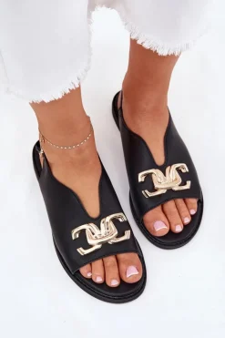 Sandały Damskie Na Płaskim Obcasie Ze Złotą Ozdobą Czarne Amelira