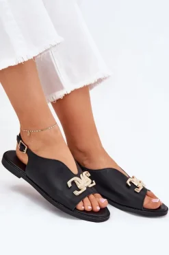 Sandały Damskie Na Płaskim Obcasie Ze Złotą Ozdobą Czarne Amelira