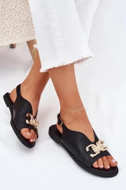 Sandały Damskie Na Płaskim Obcasie Ze Złotą Ozdobą Czarne Amelira