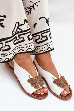 Sandały Damskie Na Płaskim Obcasie Z Ozdobą Białe Setorina