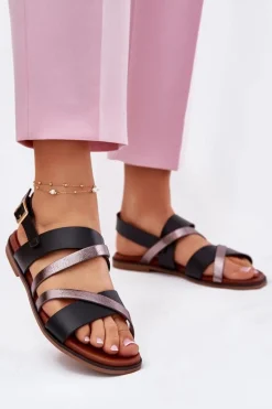 Sandały Damskie Na Płaskim Obcasie Z Paskami Sergio Leone SK086H Czarne