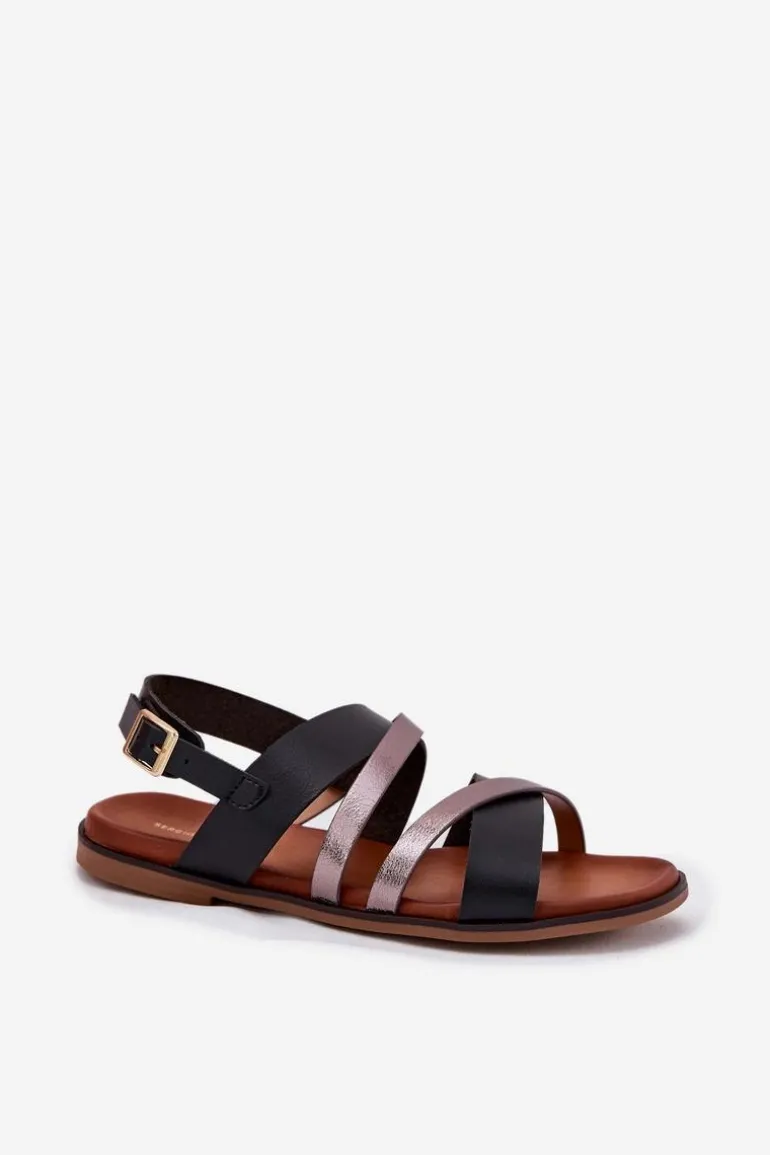 Sandały Damskie Na Płaskim Obcasie Z Paskami Sergio Leone SK086H Czarne