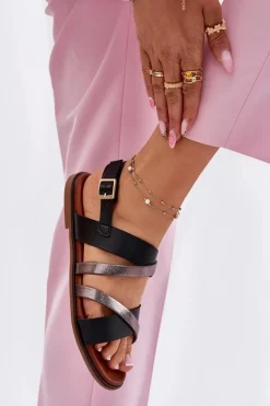 Sandały Damskie Na Płaskim Obcasie Z Paskami Sergio Leone SK086H Czarne