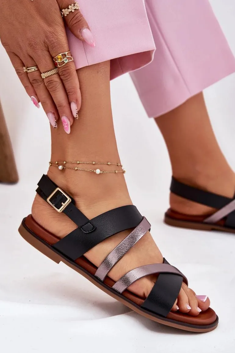 Sandały Damskie Na Płaskim Obcasie Z Paskami Sergio Leone SK086H Czarne