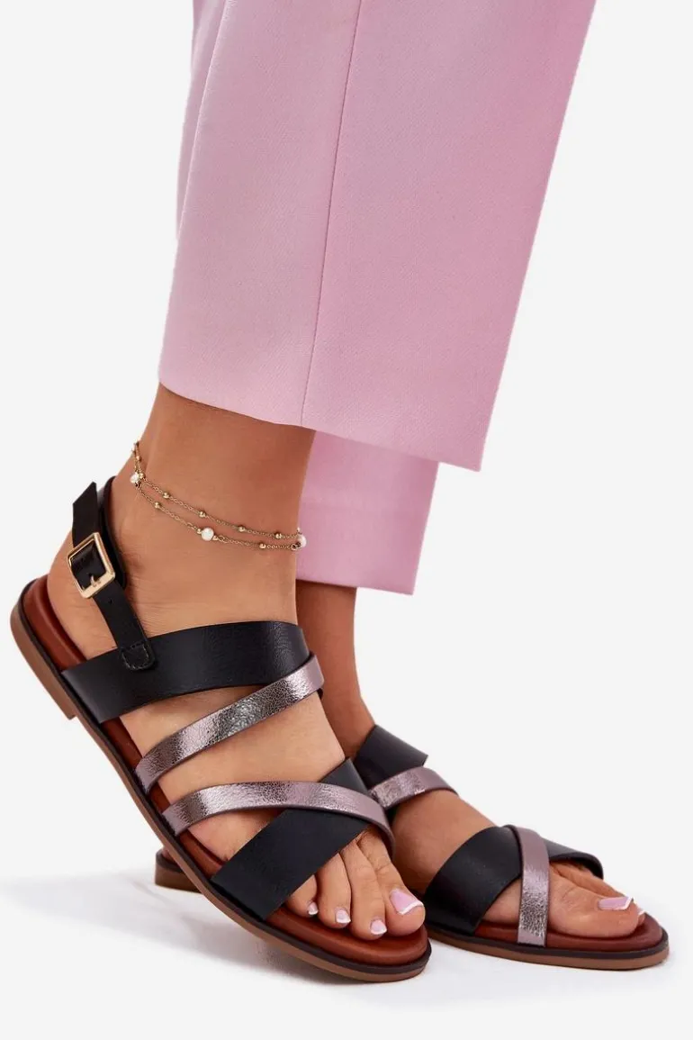 Sandały Damskie Na Płaskim Obcasie Z Paskami Sergio Leone SK086H Czarne