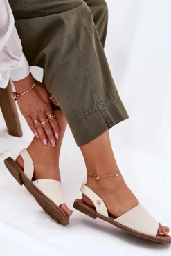 Sandały Damskie Na Płaskim Obcasie Eko Skórzane Beżowe Dereka