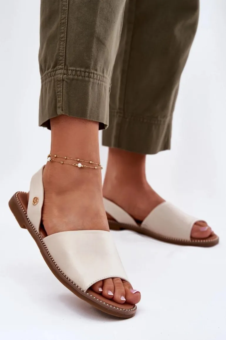 Sandały Damskie Na Płaskim Obcasie Eko Skórzane Beżowe Dereka