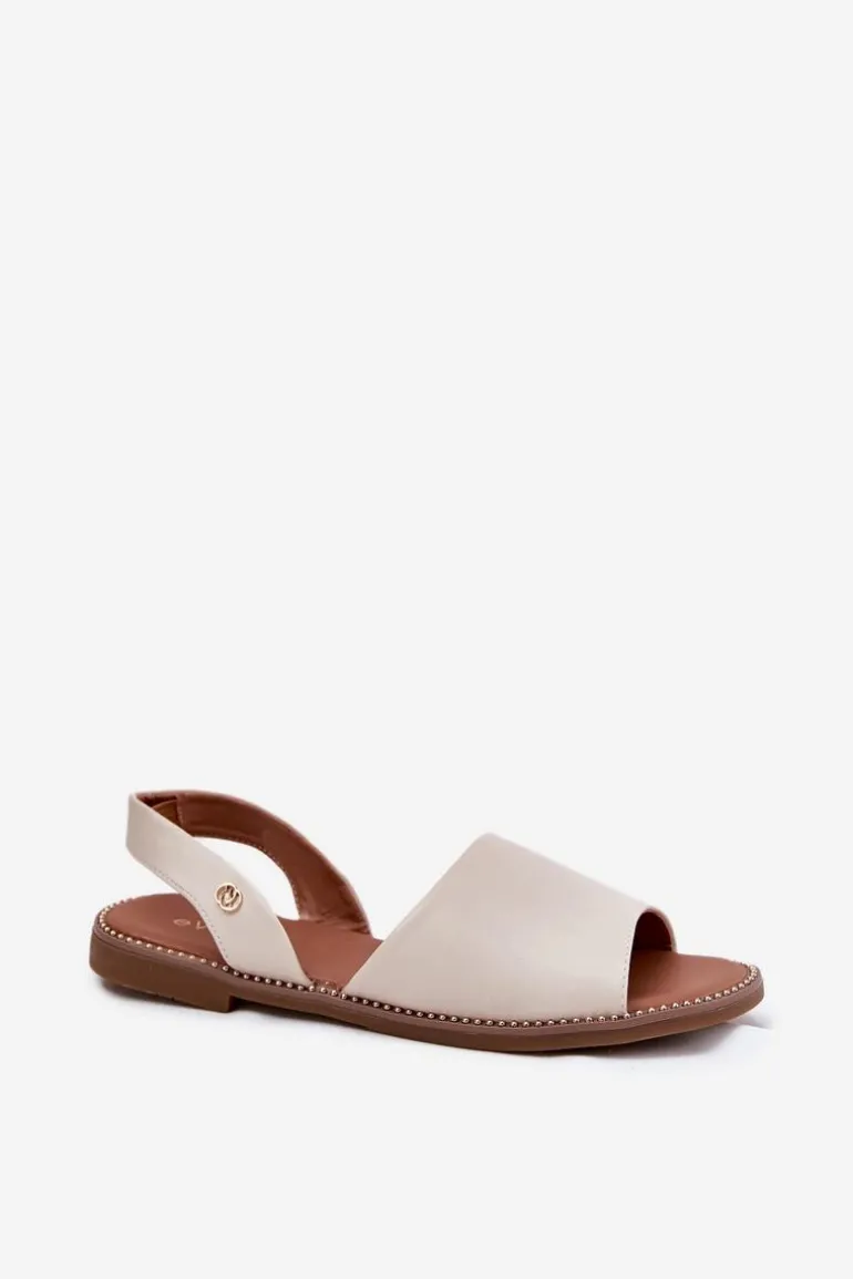 Sandały Damskie Na Płaskim Obcasie Eko Skórzane Beżowe Dereka